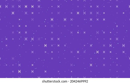 Seamless background pattern of evenly spaced white zodiac pisces symbols of different sizes and opacity. Vector illustration on deep purple background with stars