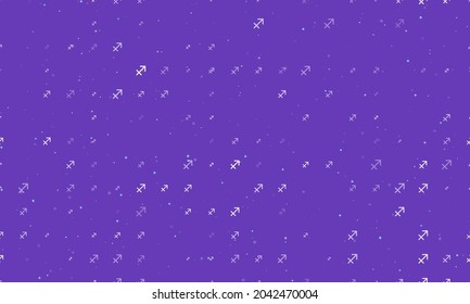 Seamless background pattern of evenly spaced white zodiac sagittarius symbols of different sizes and opacity. Vector illustration on deep purple background with stars