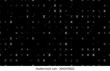 Seamless background pattern of evenly spaced white zodiac gemini symbols of different sizes and opacity. Vector illustration on black background with stars