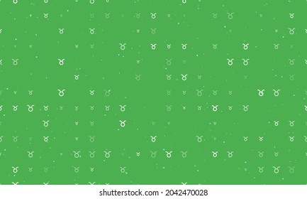 Seamless background pattern of evenly spaced white zodiac taurus symbols of different sizes and opacity. Vector illustration on green background with stars