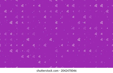 Seamless background pattern of evenly spaced white zodiac leo symbols of different sizes and opacity. Vector illustration on purple background with stars