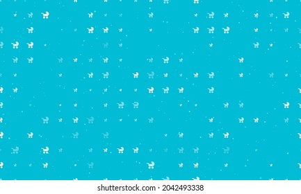 Seamless background pattern of evenly spaced white baby carriage symbols of different sizes and opacity. Vector illustration on cyan background with stars