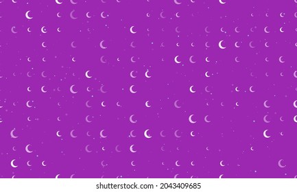 Seamless background pattern of evenly spaced white moon symbols of different sizes and opacity. Vector illustration on purple background with stars