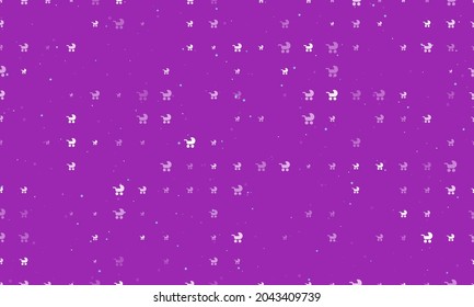 Seamless background pattern of evenly spaced white baby carriage symbols of different sizes and opacity. Vector illustration on purple background with stars