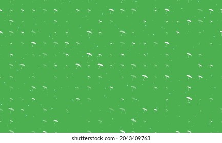 Seamless background pattern of evenly spaced white umbrella symbols of different sizes and opacity. Vector illustration on green background with stars