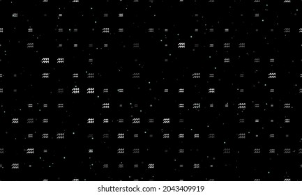 Seamless background pattern of evenly spaced white zodiac aquarius symbols of different sizes and opacity. Vector illustration on black background with stars