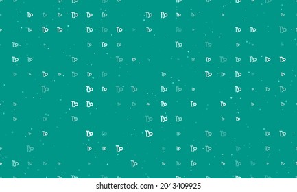 Seamless background pattern of evenly spaced white zodiac capricorn symbols of different sizes and opacity. Vector illustration on teal background with stars