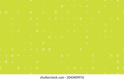 Seamless background pattern of evenly spaced white zodiac gemini symbols of different sizes and opacity. Vector illustration on lime background with stars