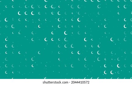 Seamless background pattern of evenly spaced white moon symbols of different sizes and opacity. Vector illustration on teal background with stars