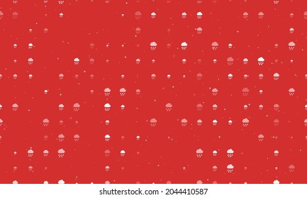 Seamless background pattern of evenly spaced white rain symbols of different sizes and opacity. Vector illustration on red background with stars