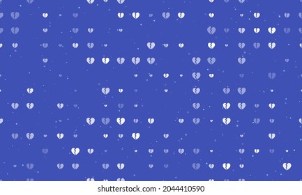 Seamless background pattern of evenly spaced white broken heart symbols of different sizes and opacity. Vector illustration on indigo background with stars