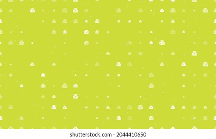 Seamless background pattern of evenly spaced white castle symbols of different sizes and opacity. Vector illustration on lime background with stars