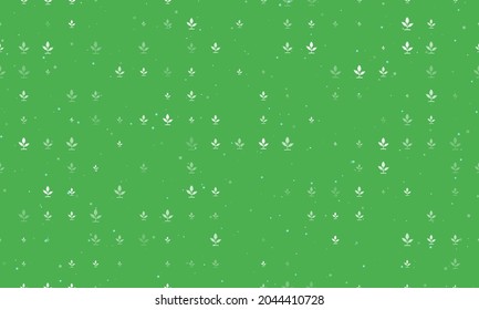 Seamless background pattern of evenly spaced white sprout symbols of different sizes and opacity. Vector illustration on green background with stars