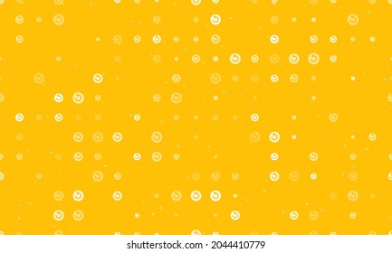Seamless background pattern of evenly spaced white replay media symbols of different sizes and opacity. Vector illustration on amber background with stars
