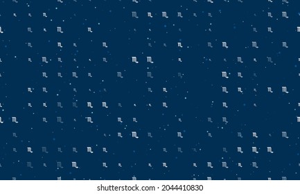 Seamless background pattern of evenly spaced white zodiac scorpio symbols of different sizes and opacity. Vector illustration on dark blue background with stars