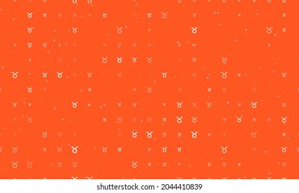 Seamless background pattern of evenly spaced white zodiac taurus symbols of different sizes and opacity. Vector illustration on deep orange background with stars