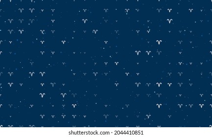 Seamless background pattern of evenly spaced white zodiac aries symbols of different sizes and opacity. Vector illustration on dark blue background with stars