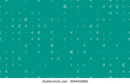 Seamless background pattern of evenly spaced white zodiac leo symbols of different sizes and opacity. Vector illustration on teal background with stars