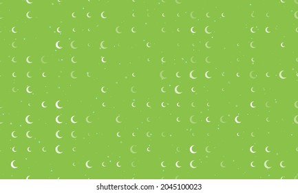 Seamless background pattern of evenly spaced white moon symbols of different sizes and opacity. Vector illustration on light green background with stars