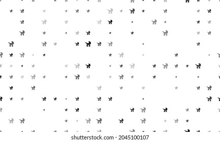 Seamless background pattern of evenly spaced black baby carriage symbols of different sizes and opacity. Vector illustration on white background