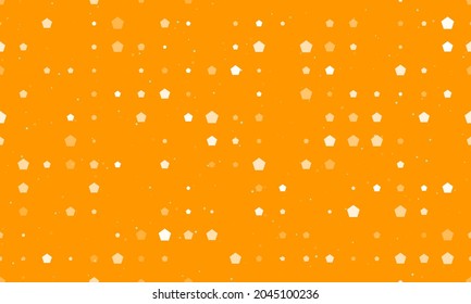 Seamless background pattern of evenly spaced white pentagon symbols of different sizes and opacity. Vector illustration on orange background with stars