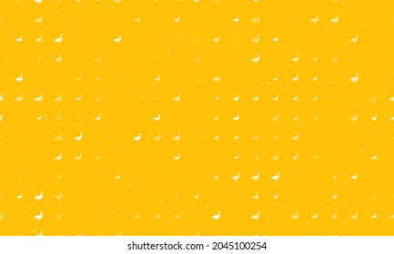 Seamless background pattern of evenly spaced white goose symbols of different sizes and opacity. Vector illustration on amber background with stars