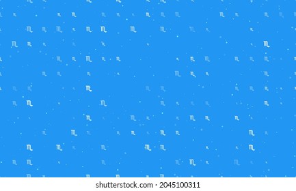 Seamless background pattern of evenly spaced white zodiac scorpio symbols of different sizes and opacity. Vector illustration on blue background with stars