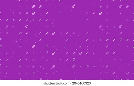 Seamless background pattern of evenly spaced white zodiac sagittarius symbols of different sizes and opacity. Vector illustration on purple background with stars