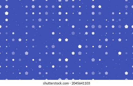 Seamless background pattern of evenly spaced white pentagon symbols of different sizes and opacity. Vector illustration on indigo background with stars