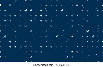 Seamless background pattern of evenly spaced white chicken symbols of different sizes and opacity. Vector illustration on dark blue background with stars