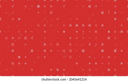 Seamless background pattern of evenly spaced white zodiac pisces symbols of different sizes and opacity. Vector illustration on red background with stars