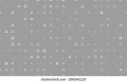 Seamless background pattern of evenly spaced white zodiac libra symbols of different sizes and opacity. Vector illustration on grey background with stars