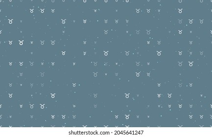 Seamless background pattern of evenly spaced white zodiac taurus symbols of different sizes and opacity. Vector illustration on blue grey background with stars