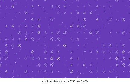 Seamless background pattern of evenly spaced white zodiac leo symbols of different sizes and opacity. Vector illustration on deep purple background with stars