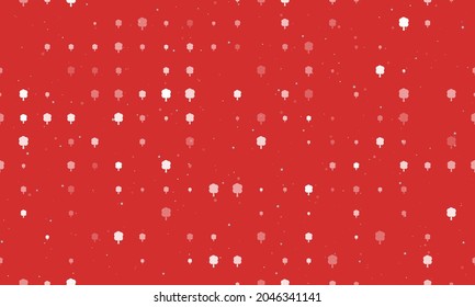 Seamless background pattern of evenly spaced white tree symbols of different sizes and opacity. Vector illustration on red background with stars