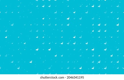Seamless background pattern of evenly spaced white goose symbols of different sizes and opacity. Vector illustration on cyan background with stars