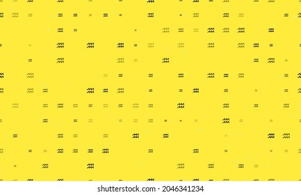 Seamless background pattern of evenly spaced black zodiac aquarius symbols of different sizes and opacity. Vector illustration on yellow background with stars