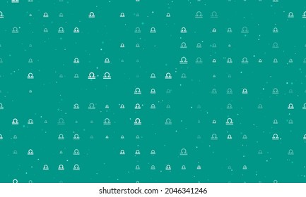Seamless background pattern of evenly spaced white zodiac libra symbols of different sizes and opacity. Vector illustration on teal background with stars