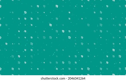 Seamless background pattern of evenly spaced white zodiac virgo symbols of different sizes and opacity. Vector illustration on teal background with stars