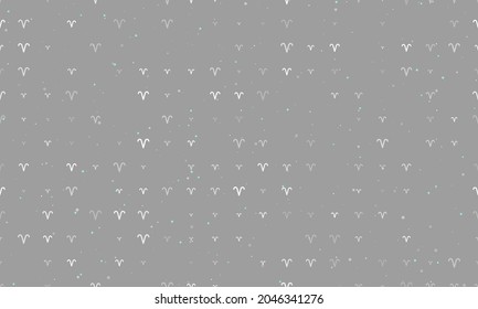 Seamless background pattern of evenly spaced white zodiac aries symbols of different sizes and opacity. Vector illustration on grey background with stars