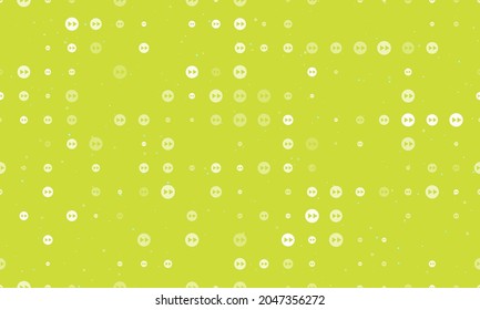 Seamless background pattern of evenly spaced white fast forward symbols of different sizes and opacity. Vector illustration on lime background with stars