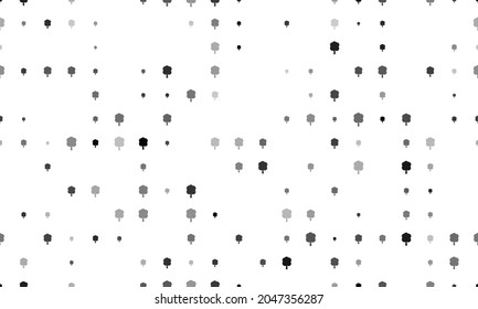 Seamless background pattern of evenly spaced black tree symbols of different sizes and opacity. Vector illustration on white background
