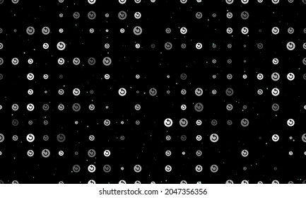 Seamless background pattern of evenly spaced white replay media symbols of different sizes and opacity. Vector illustration on black background with stars