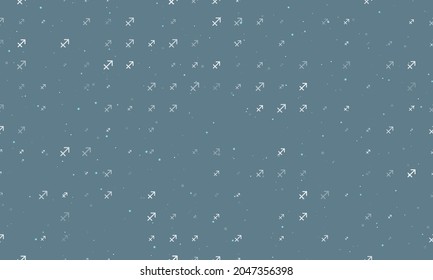 Seamless background pattern of evenly spaced white zodiac sagittarius symbols of different sizes and opacity. Vector illustration on blue grey background with stars