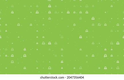 Seamless background pattern of evenly spaced white zodiac libra symbols of different sizes and opacity. Vector illustration on light green background with stars