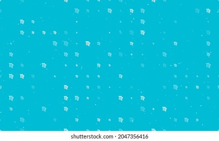 Seamless background pattern of evenly spaced white zodiac virgo symbols of different sizes and opacity. Vector illustration on cyan background with stars