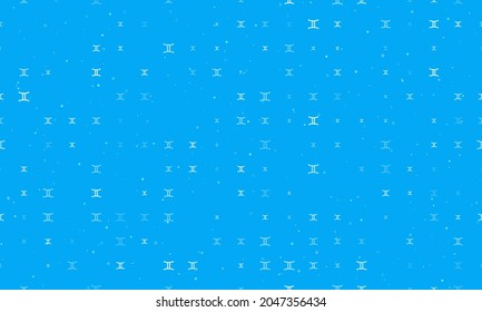 Seamless background pattern of evenly spaced white zodiac gemini symbols of different sizes and opacity. Vector illustration on light blue background with stars