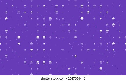 Seamless background pattern of evenly spaced white rain symbols of different sizes and opacity. Vector illustration on deep purple background with stars