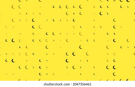 Seamless background pattern of evenly spaced black moon symbols of different sizes and opacity. Vector illustration on yellow background with stars