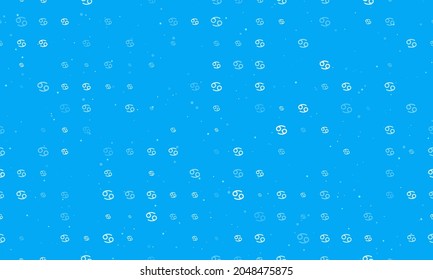 Seamless background pattern of evenly spaced white cancer zodiac symbols of different sizes and opacity. Vector illustration on light blue background with stars